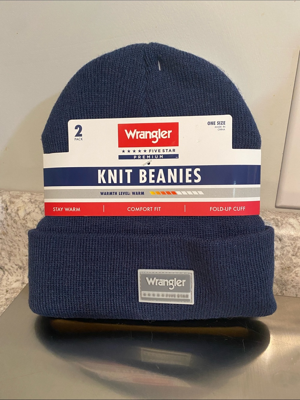 Wrangler Navy & Gray 2 pc set Knit Beanie with Fold-Up Cuff NWT